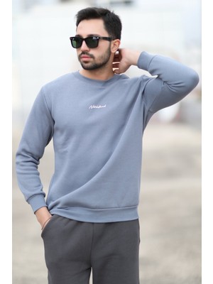 Erkek Bisiklet Yaka 3iplik Baskılı Sweatshirt Koyu Mavi - 5012-1