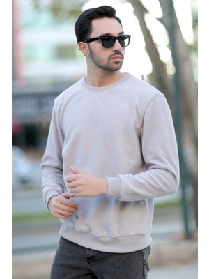 Erkek Oversize Sweatshirt Gri Intersoft Ribanalı Bisiklet Yaka Rahat Kesim - 5737
