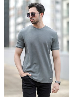 Erkek Bisiklet Yaka Waffle Kumaş Dokulu T-Shirt Açık Haki - 2709