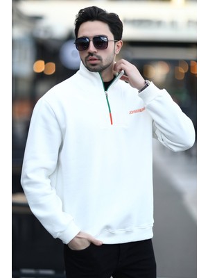 Erkek Dik Yaka Yarım Fermuarlı Nakışlı Sweatshirt Beyaz - 10025