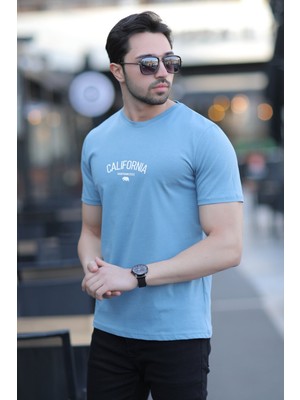 Erkek Bisiklet Yaka California Enjeksiyon Baskılı T-Shirt Mavi - 2020-2