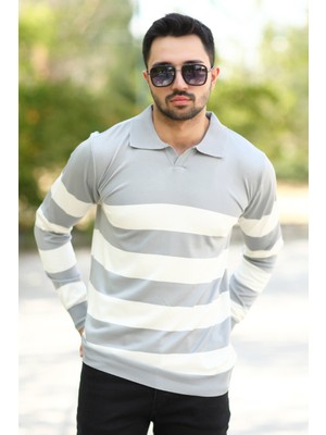 Erkek Polo Yaka Sweatshirt Gri-Beyaz Çizgili Triko %100 Flament Örme Ribanalı - 1420