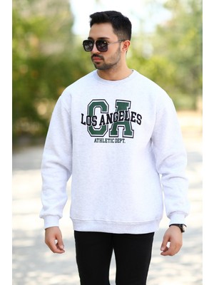Erkek Oversize Sweatshirt Kar Melanj Ribanalı Bisiklet Yaka Los Angeles Baskılı - 10017