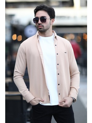 Erkek Çıtçıt Kapamalı Dokulu Örme Gömlek Bej - 16788