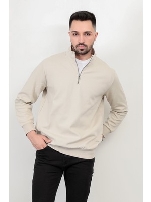 Erkek Dik Yaka Yarım Fermuarlı Dokulu Sweatshirt Kül - 5470