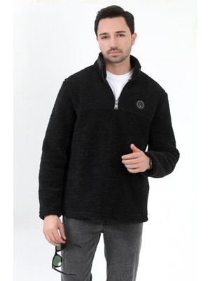 Erkek Peluş Sweatshirt Siyah Yarım Fermuarlı Dik Yaka Nakış Detaylı - 9012
