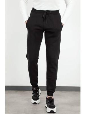 Erkek Siyah Manşetli Şardonlu Cepli Eşofman Altı