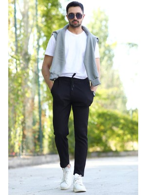 Erkek Siyah Jogger Pantolon Beli Bağlama Detaylı Modal Likra Karışımlı - 10024