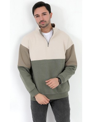 Erkek Dik Yaka Sweatshirt Haki 3 Iplik Yarım Fermuarlı Garnili Ribanalı - 5719