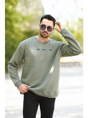 Erkek Oversize Sweatshirt Yeşil 3 Iplik Baskılı Bisiklet Yaka Ribanalı Pamuk Karışım - 10018