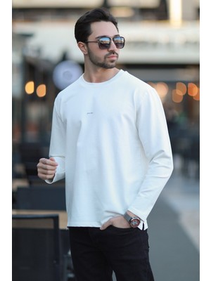 Erkek Bisiklet Yaka Baskı Detaylı 2iplik Sweatshirt Beyaz - 5725