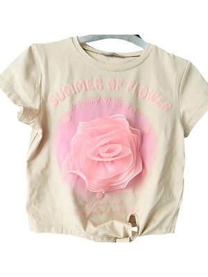 Kız Çocuk Gül Aksesuarlı Bağlamalı Tshirt