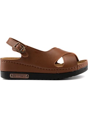 Roy Jones Kadın Anatomik Tabanlı Ortopedik Kısa Topuklu Sandalet Terlik Taba Renkli Rahat Kullanım