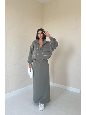 Nidam Butik Haki Biyeli Sweatshirt ve Etek Takım