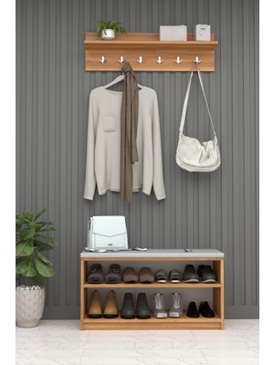 Asra Trend MDF Puflu Ayakkabılık ve Askılık – 90 cm Portmanto Seti, Modern, 2 Raflı, A-34