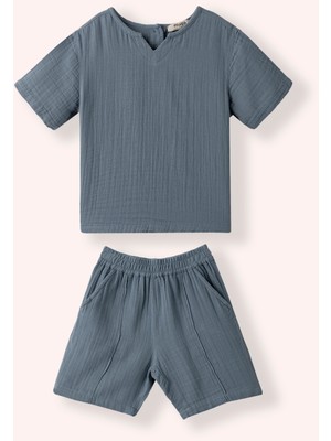 Erkek Bebek Arkası Düğme Detaylı Şortlu Indigo 2'li Müslin Takım