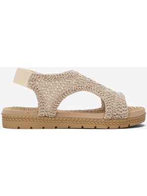 Kadın Önü Açık Örgü Desenli Lastikli Sandalet BEJ