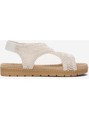 Kadın Önü Açık Örgü Desenli Lastikli Sandalet BEYAZ