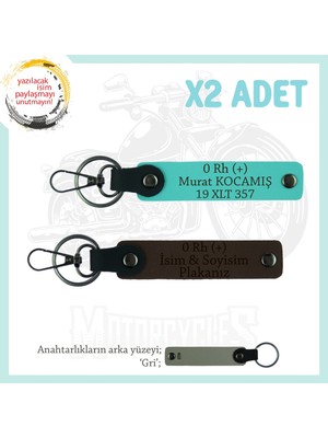 Motor Severlere Hediye, Isim Plaka ve 0 Rh (+) Kan Grubu Yazılı X2'li Anahtarlık, K Kahve-Turkuaz-Gr
