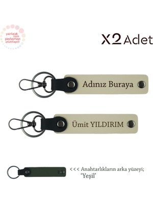 Komşuya Yılbaşı Jest, Isim Yazılı 2’li Anahtarlık Seti, Sütlü Kahve-Yeşil