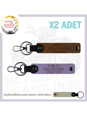 Motorcu Dostlara Özel Hediye, Isim Plaka ve A Rh (+) Kan Grubu Yazılı 2'li Anahtarlık, Kahve-Mor-Sk