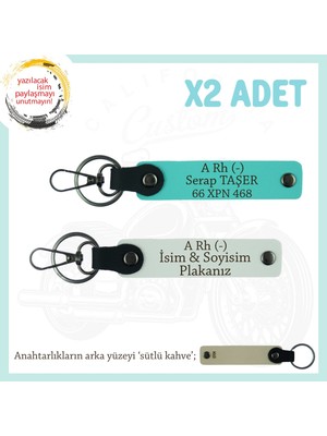Motor Severlere, Isim Plaka ve A Rh (-) Yazılı Özel Tasarım X2 Anahtarlık, Hediye , Beyaz-Turkuaz-Sk