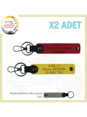 Motor Severlere Özel, Isim Plaka ve A Rh (-) Kan Grubu Yazılı X2 Anahtarlık Hediye, Kırmızı-Sarı-Gr