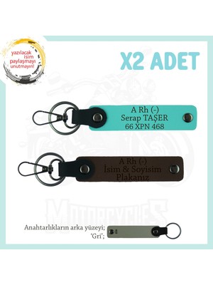 Motor Severlere Hediye, Isim Plaka ve A Rh (-) Kan Grubu Yazılı X2'li Anahtarlık, K Kahve-Turkuaz-Gr