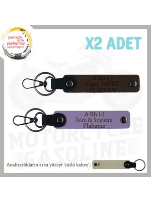 Motorcu Dostlara Hediye Isim Plaka ve A Rh (-) Kan Grubu Yazılı X2' Li Anahtarlık, Mor-K Kahve-Sk