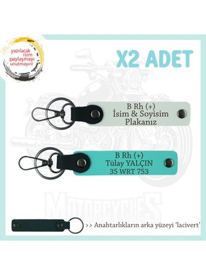 Motor Severler Için, Isim Plaka ve B Rh (+) Kan Grubu X2' Li Anahtarlık, Hediye , Beyaz-Turkuaz-Laci