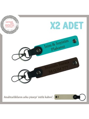 Tarz Sahibi Şöförler Için, Isim ve Plaka Yazılı Hediye 2'li Anahtarlık Set, Koyu Turkuaz-K Kahve-Sk