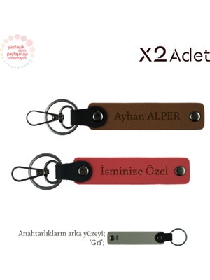 Kuzene 14 Şubat Sürprizi, Isimli 2’li Anahtarlık Takımı, Nar Çiçeği-Açık Kahve-Gri