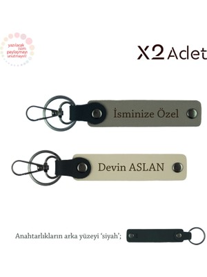Sevgiliye Yıl Dönümü Hediyesi, Isim & Soyisim Yazılmış 2’li Anahtarlık, Kül Gri-Sütlü Kahve-Siyah