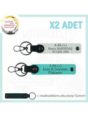 Motor Severler Için, Isim Plaka ve A Rh (+) Kan Grubu X2' Li Anahtarlık, Hediye , Beyaz-Turkuaz-Laci