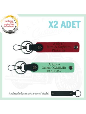 Motor Sürücüsüne Isim Plaka ve A Rh (-) Kan Grubu Yazılı 2' Li Anahtarlık Hediye, Kırmızı-Yeşil-Syh