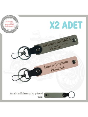 Motor Tutkunlarına Isim ve Plaka Yazılı Özel Üretim X2 Deri Anahtarlık, Hediye, Yavruağzı-Kül Gri-Gr
