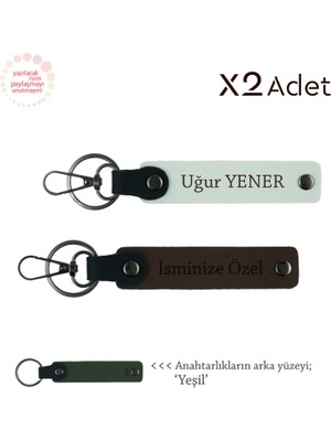 14 Şubat Için Özel Hediye, Isim Yazılı 2’li Anahtarlık Seti, Koyu Kahve-Beyaz-Yeşil