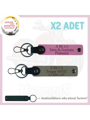 Motorcu Yolculara Özel, Isim Plaka ve A Rh (+) Kan Grubu Yazılı X2 Anahtarlık, Kül Gri-Pembe-Laci