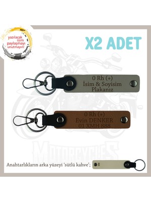 Motor Severlere, Isim Plaka ve 0 Rh (+) Kan Grubu Yazılı X2' Li Anahtarlık Hediye, Kül Gri-Kahve-Sk