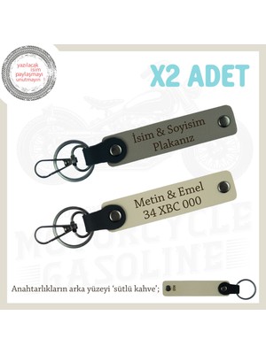 Hediye Edilebilir Deri Anahtarlık Seti, Plaka ve Isimle Özelleştirilmiş X2 Takım, Kül Gri-S Kahve-Sk