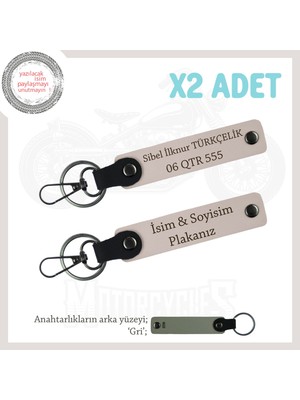 Plaka ve Isim Yazılı, Kişiye Özel 2’li Deri Anahtarlık, Motor Severlere Hediye, Pudra-Gri