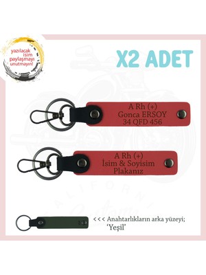 Motor Severlere Hediye Isim Plaka ve A Rh (+) Kan Grubu Yazılı Deri 2'li Anahtarlık, Nar Çiçeği-Ysl