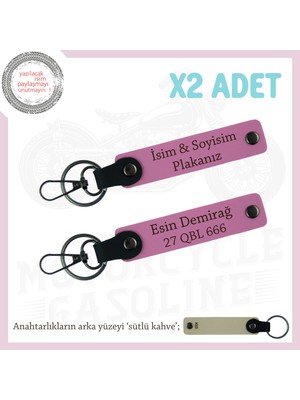 Yol Arkadaşları Için Isim ve Plaka Yazılı  Klas Motorcu Anahtarlığı X2'li Set Hediye, Pembe-S Kahve