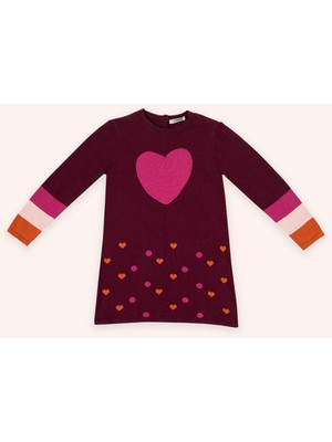Kız Çocuk Kalp Desenli Bordo Triko Elbise