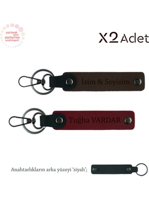 Kız Kardeşe Manevi Hediye, Isim & Soyisim Yazılı 2’li Anahtarlık Seti, Koyu Kahve-Bordo-Siyah