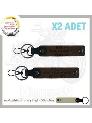 Biker Tarzına Özel, Isim Plaka ve B Rh (-) Kan Grubu Yazılı Hediye X2 Anahtarlık Takım, K Kahve-Sk
