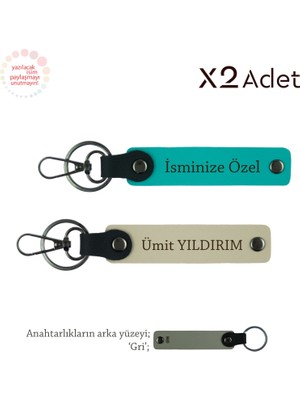 Yılbaşı Için Romantik Hediye, Isimli 2’li Anahtarlık Hediye Takımı, Koyu Turkuaz-Sütlü Kahve-Gri