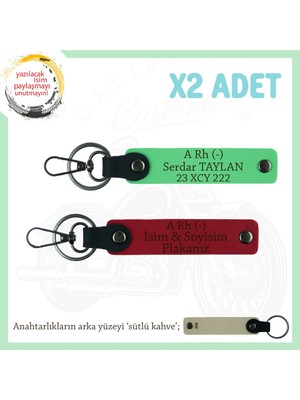 Motor Tutkunlarına, Isim Plaka ve A Rh (-) Kan Grubu Yazılı X2 Anahtarlık Hediye, Kırmızı-F Yeşil-Sk