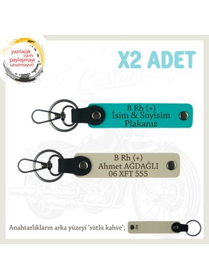 Motorda Tarz Hediye, Isim Plaka ve B Rh (+) Kan Grubu Yazılı 2'li Anahtarlık, K Turkuaz-S Kahve-Sk