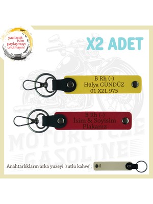 Motor Severlere Özel, Isim Plaka ve B Rh (-) Kan Grubu Yazılı Hediye X2 Anahtarlık, Kırmızı-Sarı-Sk